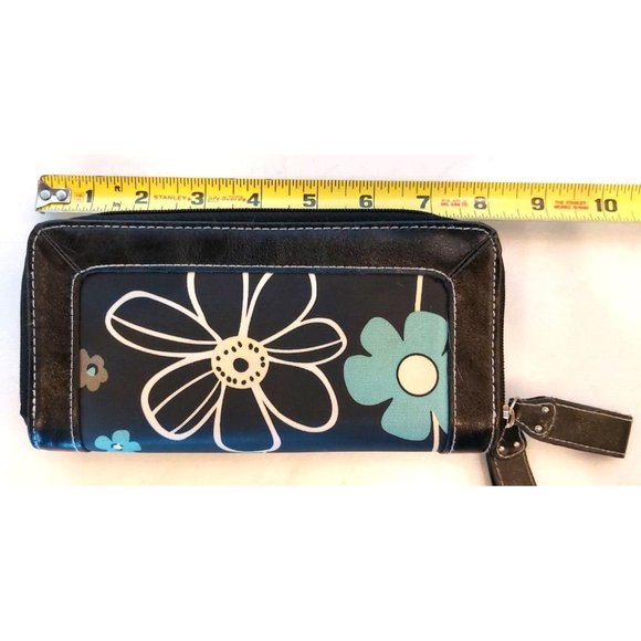 Womens Billfold Wallet Black Floral Unbranded Vinyl Zipper 4"X8" Multi-Sections - Picture 7 of 8